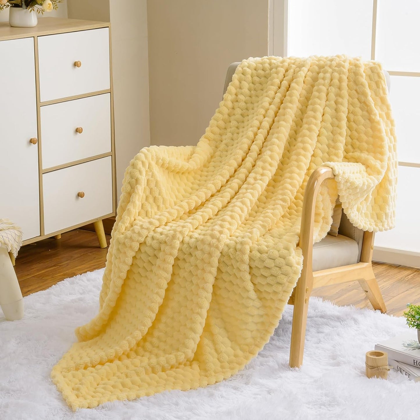 Flannel Fleece Throw Blanket, 3D Jacquard Light Yellow Fuzzy and Warm Blanket for Couch,Sofa,Bed,Chair, 300GSM Soft Touch Cozy Throw for All-Season Home Decor(50x40inch)