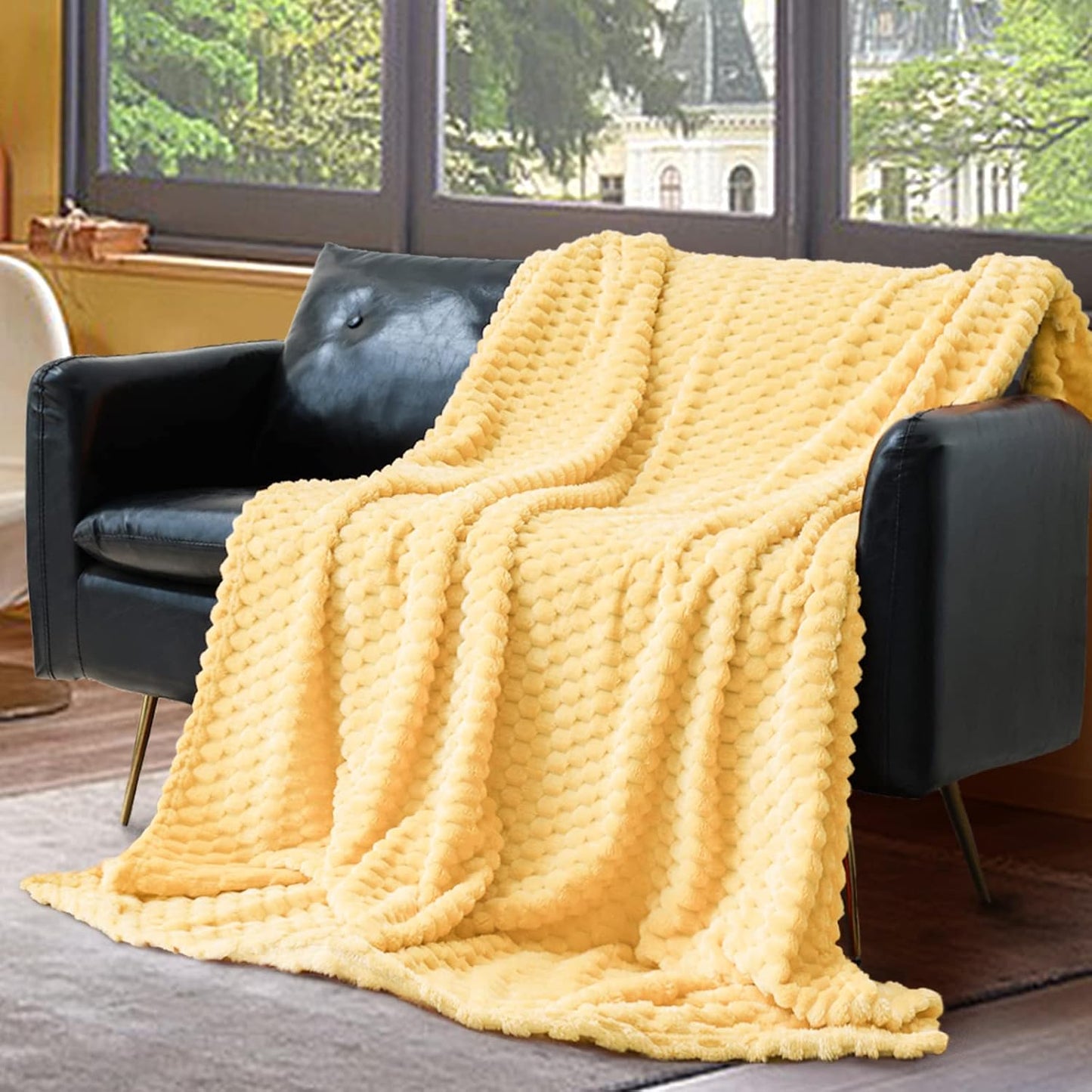Flannel Fleece Throw Blanket, 3D Jacquard Light Yellow Fuzzy and Warm Blanket for Couch,Sofa,Bed,Chair, 300GSM Soft Touch Cozy Throw for All-Season Home Decor(50x40inch)