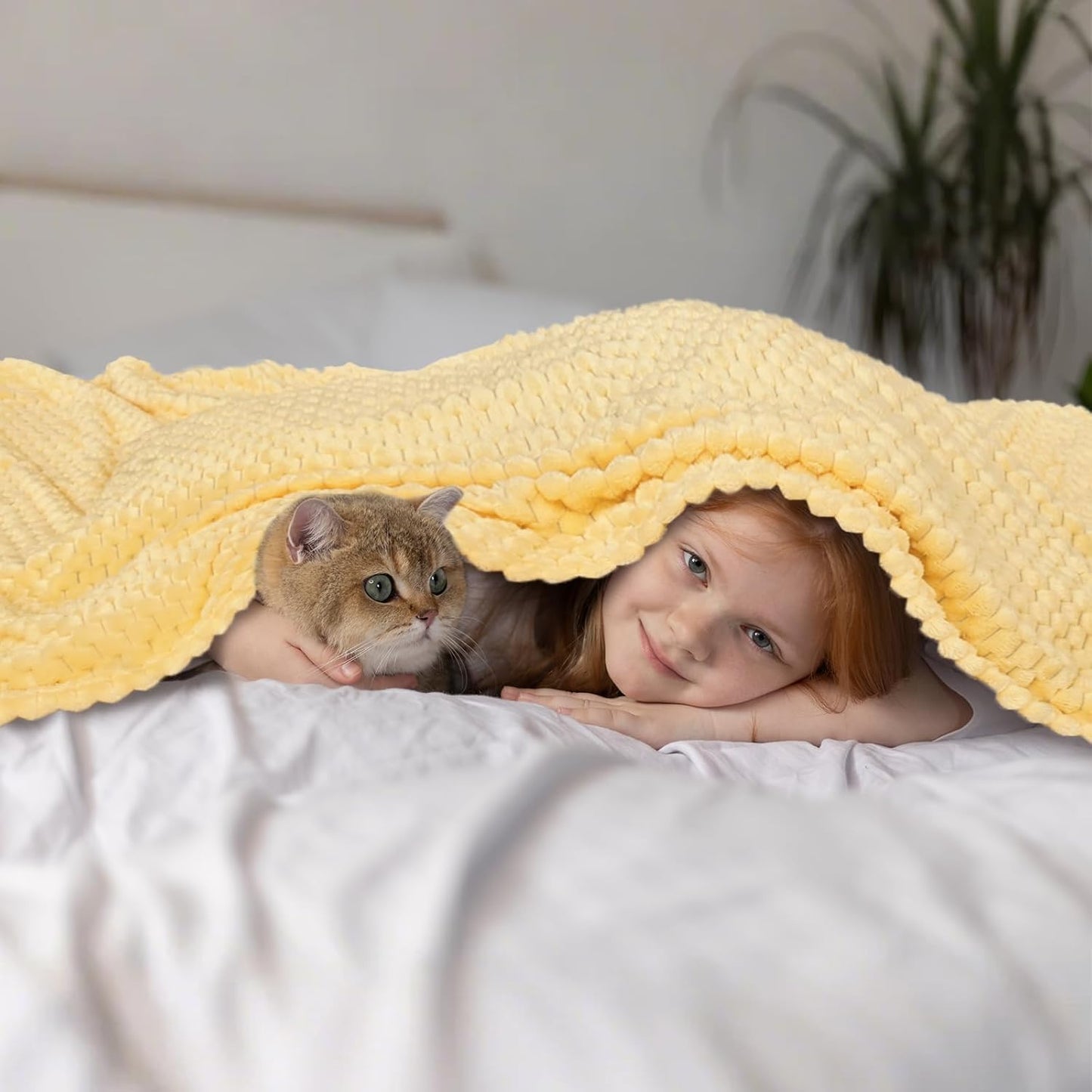 Flannel Fleece Throw Blanket, 3D Jacquard Light Yellow Fuzzy and Warm Blanket for Couch,Sofa,Bed,Chair, 300GSM Soft Touch Cozy Throw for All-Season Home Decor(50x40inch)