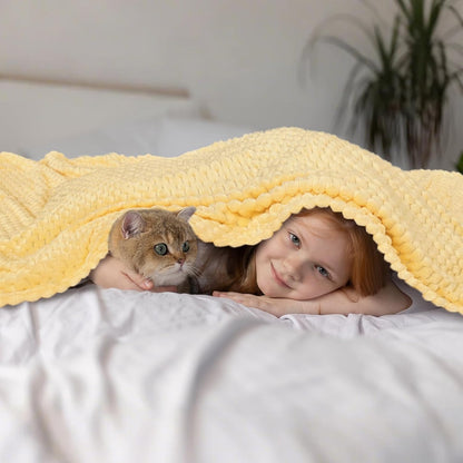 Flannel Fleece Throw Blanket, 3D Jacquard Light Yellow Fuzzy and Warm Blanket for Couch,Sofa,Bed,Chair, 300GSM Soft Touch Cozy Throw for All-Season Home Decor(50x40inch)