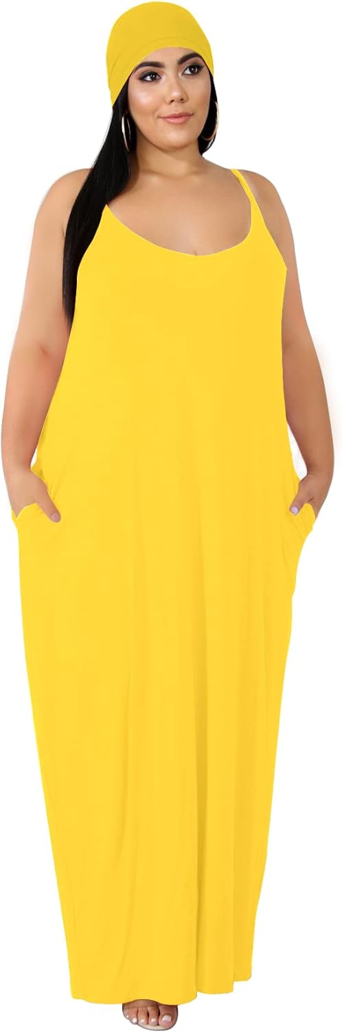 Women's Plus Size Casual Maxi Dress Summer Sleeveless Loose Beach Dress Sundress with Pockets