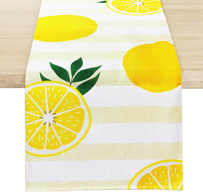 Lemon Table Runner Kitchen Decor - Yellow and White Stripes Lemon Table Decorations Summer Spring Seasonal Home Decor for Dining Table Farmhouse Party 13 × 72 Inch