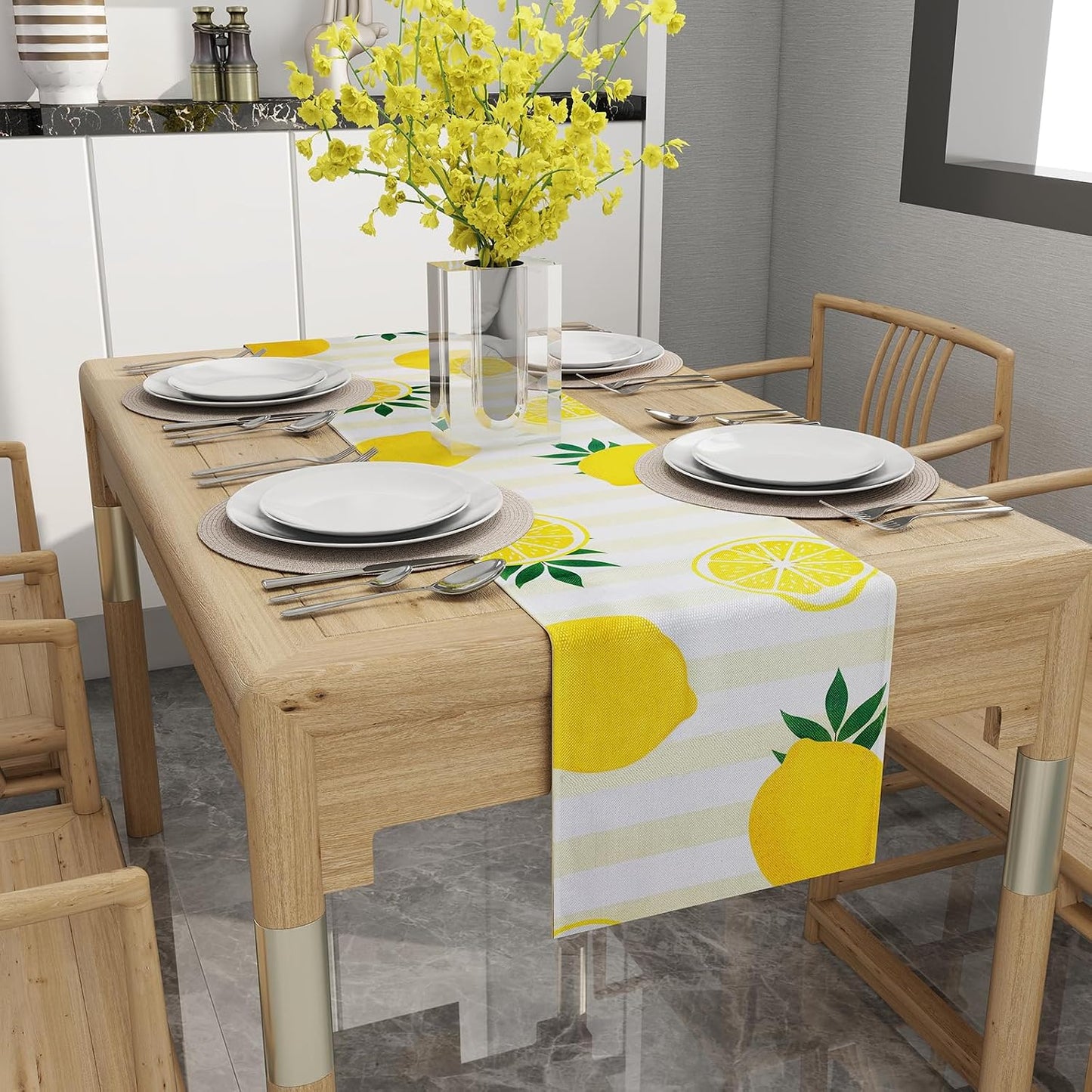 Lemon Table Runner Kitchen Decor - Yellow and White Stripes Lemon Table Decorations Summer Spring Seasonal Home Decor for Dining Table Farmhouse Party 13 × 72 Inch