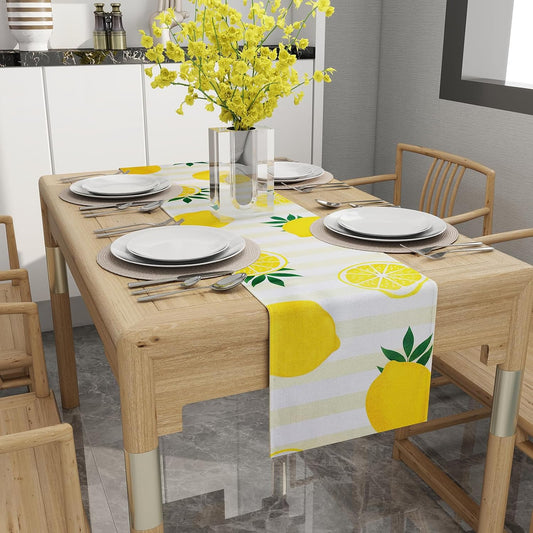 Lemon Table Runner Kitchen Decor - Yellow and White Stripes Lemon Table Decorations Summer Spring Seasonal Home Decor for Dining Table Farmhouse Party 13 × 72 Inch