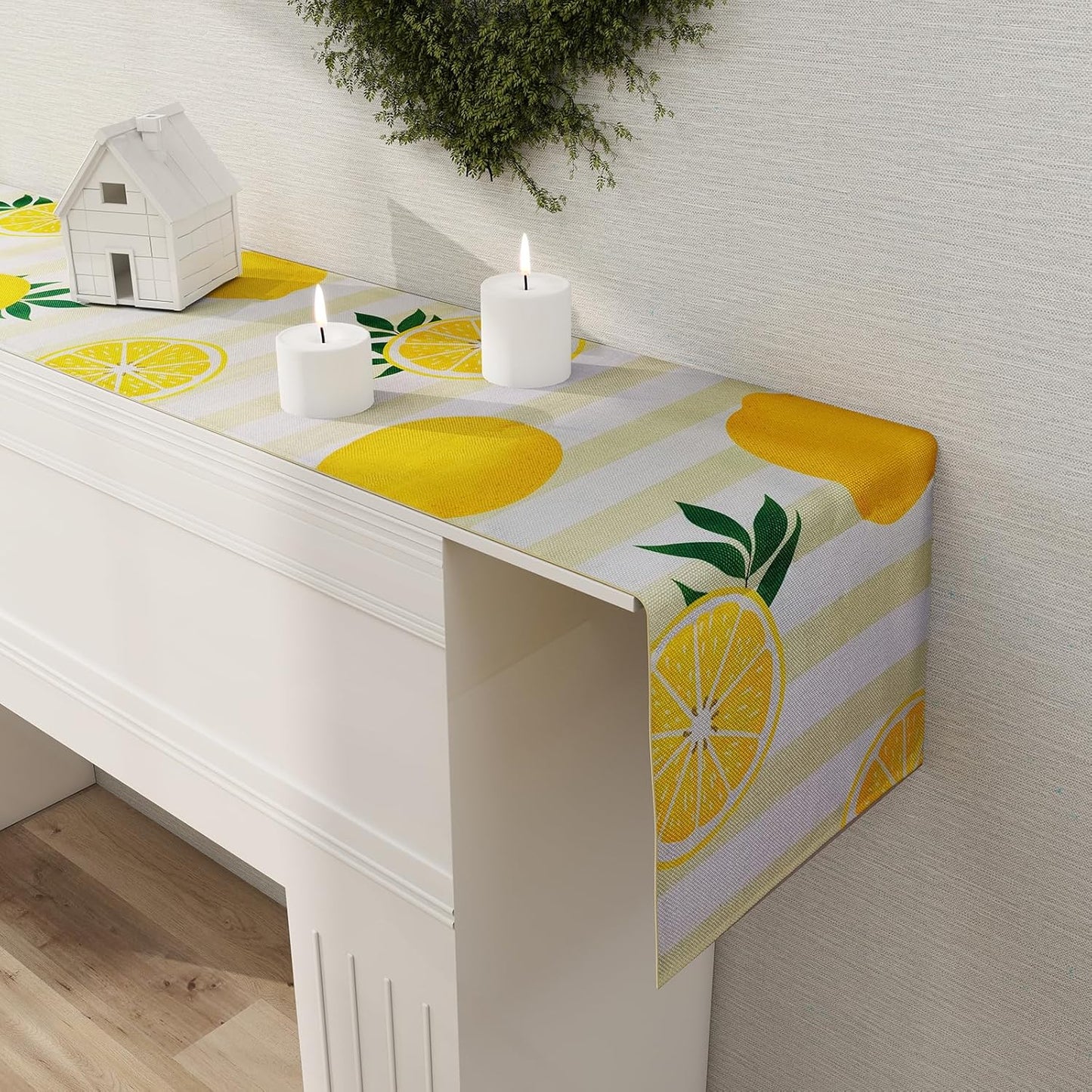 Lemon Table Runner Kitchen Decor - Yellow and White Stripes Lemon Table Decorations Summer Spring Seasonal Home Decor for Dining Table Farmhouse Party 13 × 72 Inch