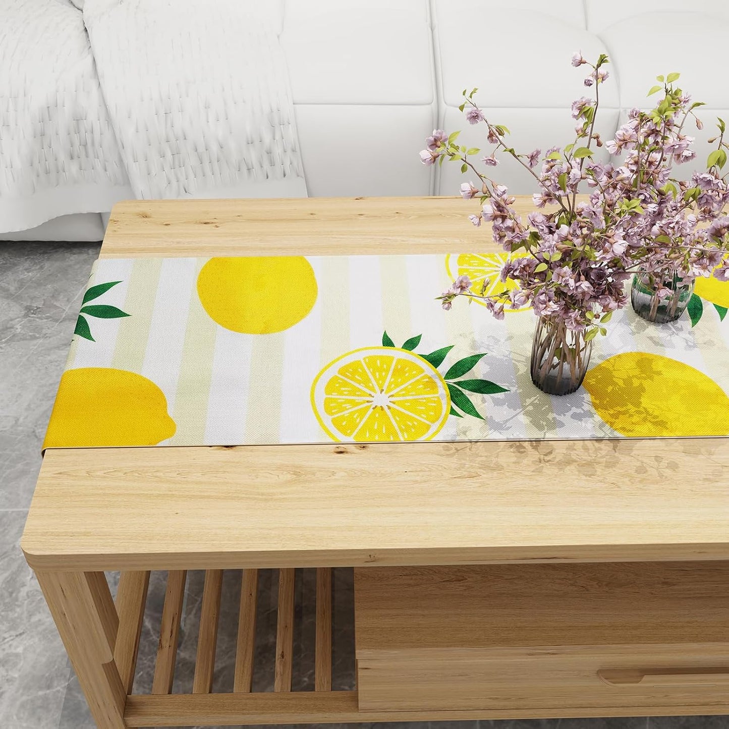 Lemon Table Runner Kitchen Decor - Yellow and White Stripes Lemon Table Decorations Summer Spring Seasonal Home Decor for Dining Table Farmhouse Party 13 × 72 Inch