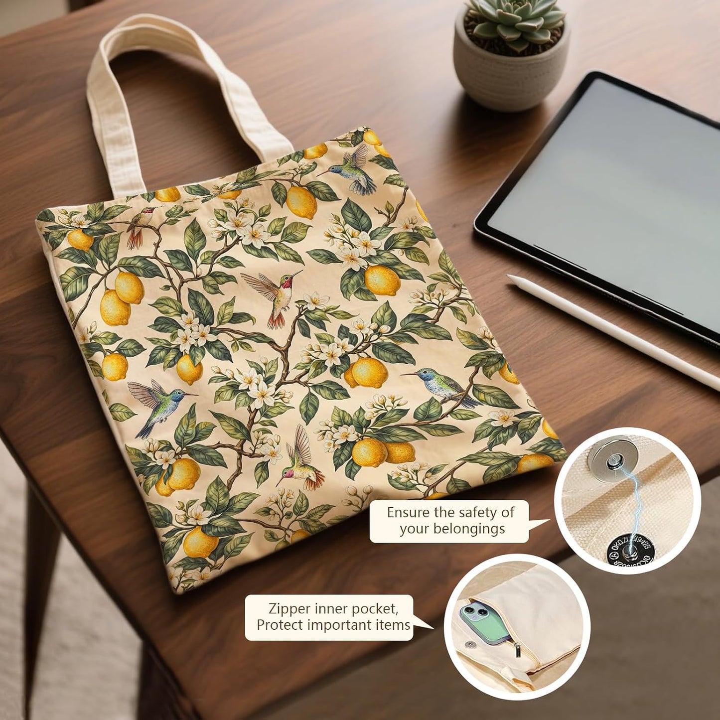 Aesthetic Canvas Tote Bag for Women - with Magnetic Snap Closure & Zipper Inner Pocket Reusable Bag for Shopping
