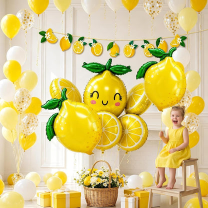 Lemon leaves Lemon foil Balloons Summer lemonade with Yellow and White Balloons Banner for Fruit theme birthday Bridal Shower Sweet Baby shower Lemonade Centerpiece amalfi coast wedding decorations