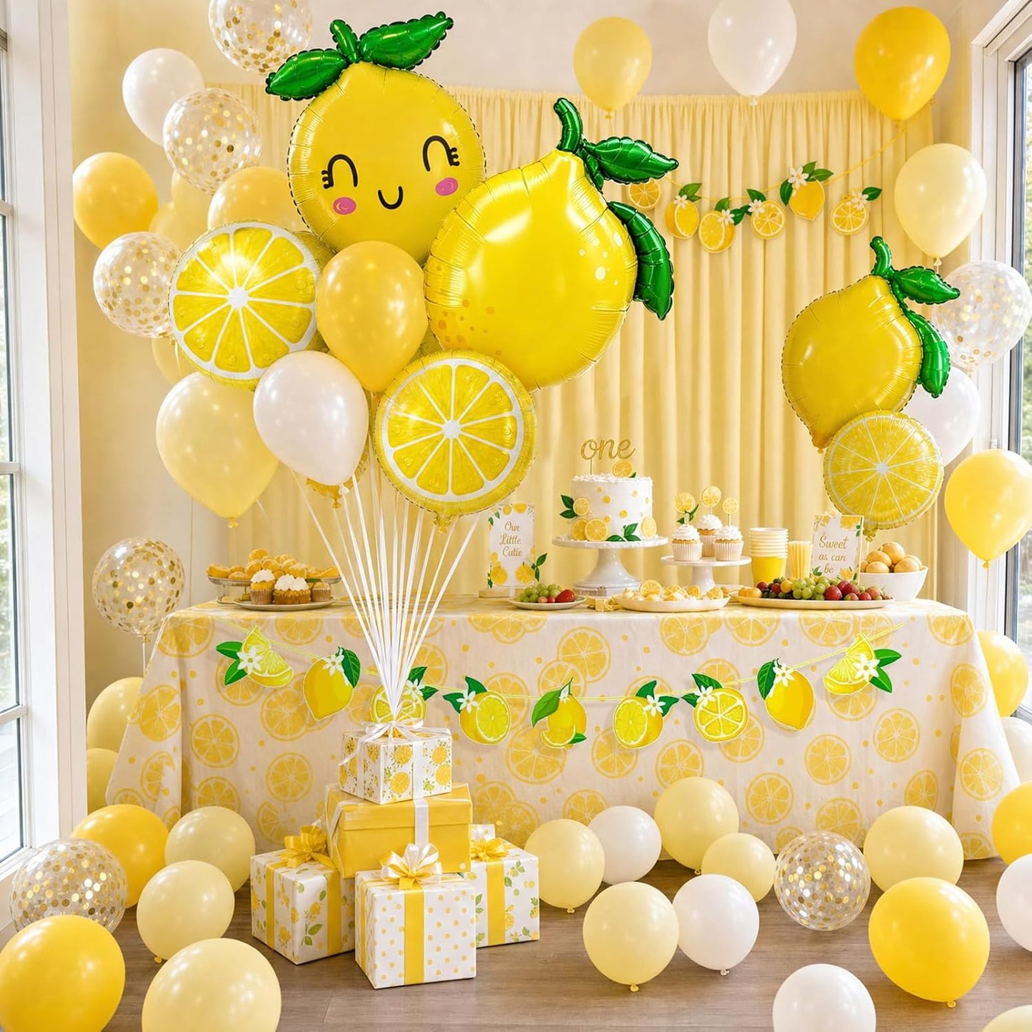Lemon leaves Lemon foil Balloons Summer lemonade with Yellow and White Balloons Banner for Fruit theme birthday Bridal Shower Sweet Baby shower Lemonade Centerpiece amalfi coast wedding decorations