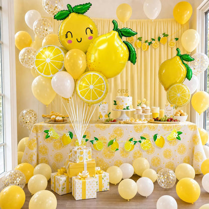 Lemon leaves Lemon foil Balloons Summer lemonade with Yellow and White Balloons Banner for Fruit theme birthday Bridal Shower Sweet Baby shower Lemonade Centerpiece amalfi coast wedding decorations