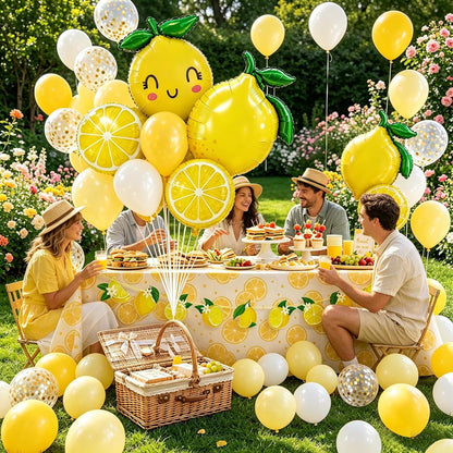 Lemon leaves Lemon foil Balloons Summer lemonade with Yellow and White Balloons Banner for Fruit theme birthday Bridal Shower Sweet Baby shower Lemonade Centerpiece amalfi coast wedding decorations