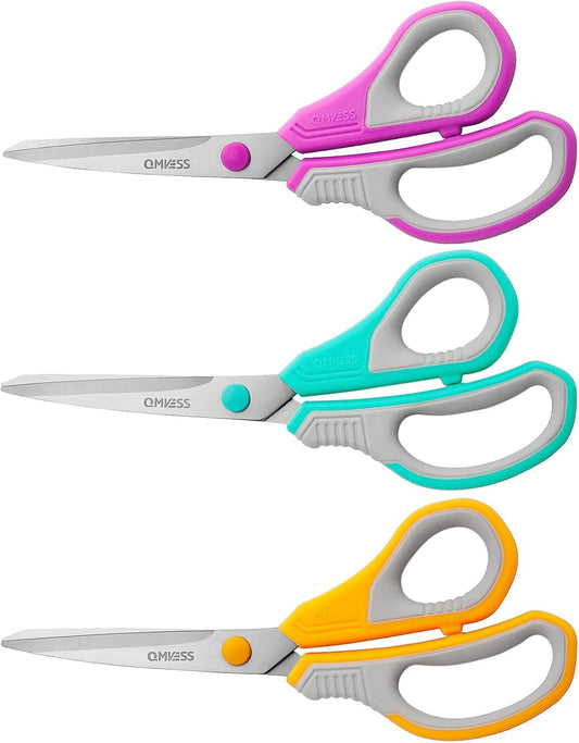 8.5" Scissors All Purpose 3 Pack Heavy Duty for Office School Fabric | Ultra Sharp 2.5mm Thick Stainless Blade, Ergonomic Comfort Grip, Left & Right Handed Classroom Must-Have Cutting General Use