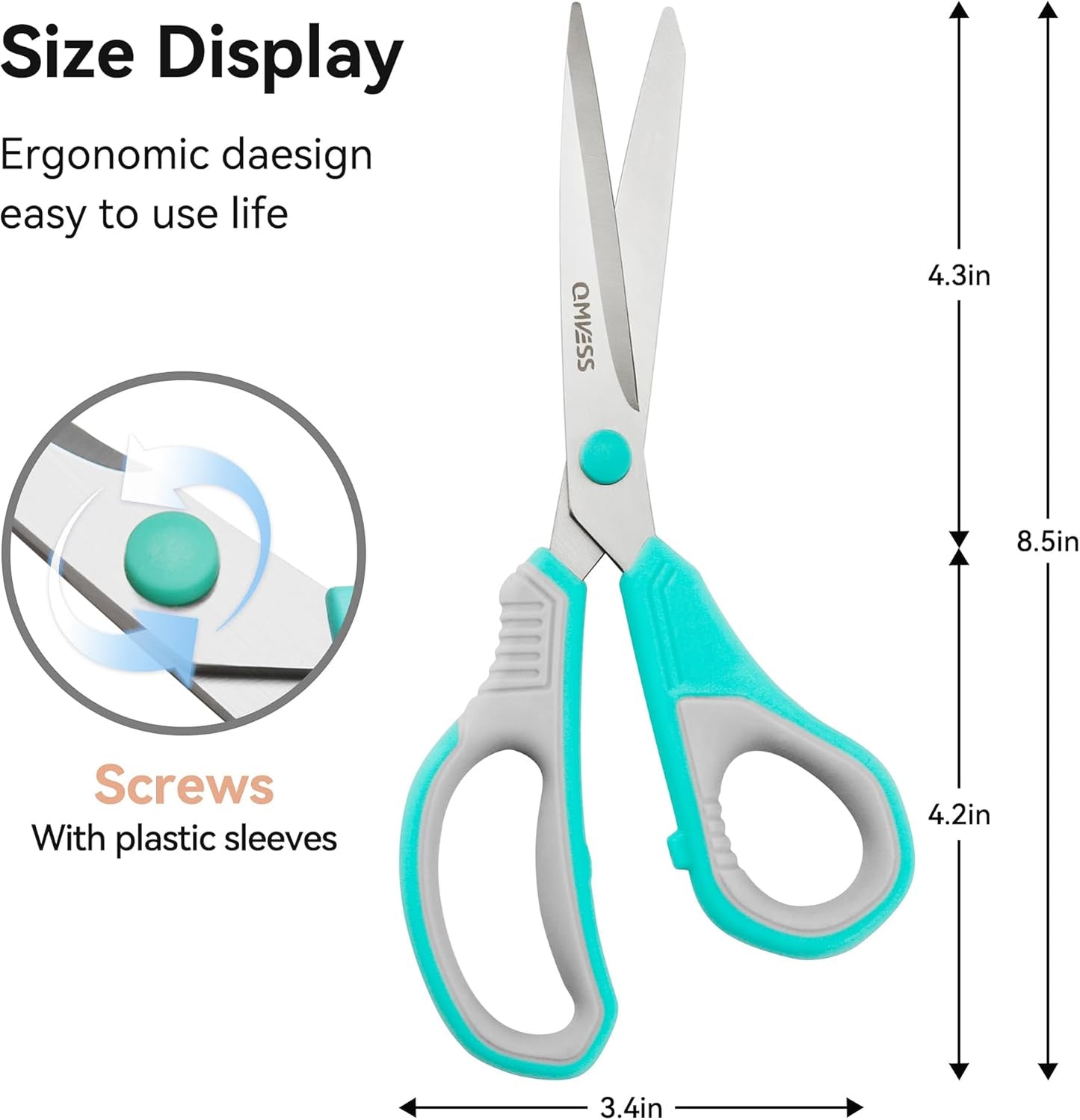 8.5" Scissors All Purpose 3 Pack Heavy Duty for Office School Fabric | Ultra Sharp 2.5mm Thick Stainless Blade, Ergonomic Comfort Grip, Left & Right Handed Classroom Must-Have Cutting General Use