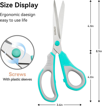 8.5" Scissors All Purpose 3 Pack Heavy Duty for Office School Fabric | Ultra Sharp 2.5mm Thick Stainless Blade, Ergonomic Comfort Grip, Left & Right Handed Classroom Must-Have Cutting General Use
