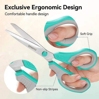8.5" Scissors All Purpose 3 Pack Heavy Duty for Office School Fabric | Ultra Sharp 2.5mm Thick Stainless Blade, Ergonomic Comfort Grip, Left & Right Handed Classroom Must-Have Cutting General Use