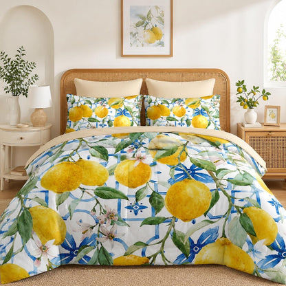 Nesker 5 Pcs Comforter Set Twin Size, Lemons Blue Italian Bedding Set for Kids and Adults, Natural Flower Summer Bed Sheet Sets with Fitted Sheet Pillowcases & Shams