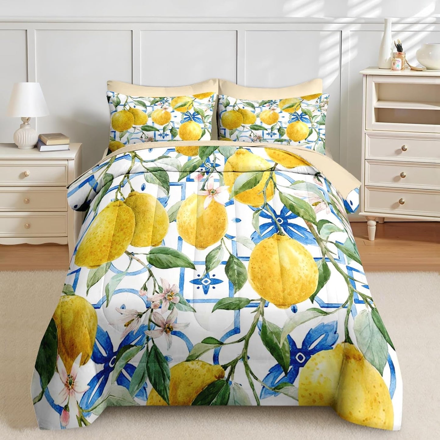 Nesker 5 Pcs Comforter Set Twin Size, Lemons Blue Italian Bedding Set for Kids and Adults, Natural Flower Summer Bed Sheet Sets with Fitted Sheet Pillowcases & Shams