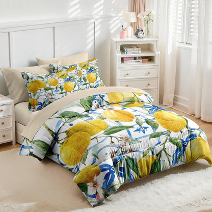 Nesker 5 Pcs Comforter Set Twin Size, Lemons Blue Italian Bedding Set for Kids and Adults, Natural Flower Summer Bed Sheet Sets with Fitted Sheet Pillowcases & Shams