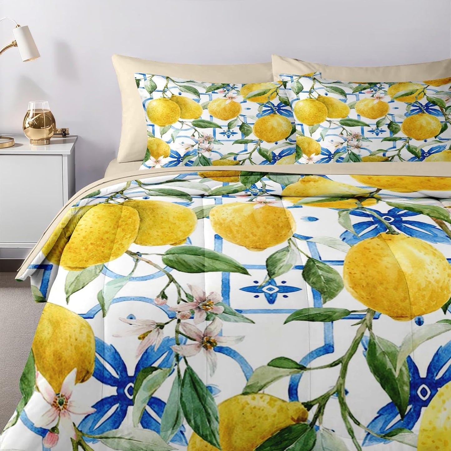 Nesker 5 Pcs Comforter Set Twin Size, Lemons Blue Italian Bedding Set for Kids and Adults, Natural Flower Summer Bed Sheet Sets with Fitted Sheet Pillowcases & Shams