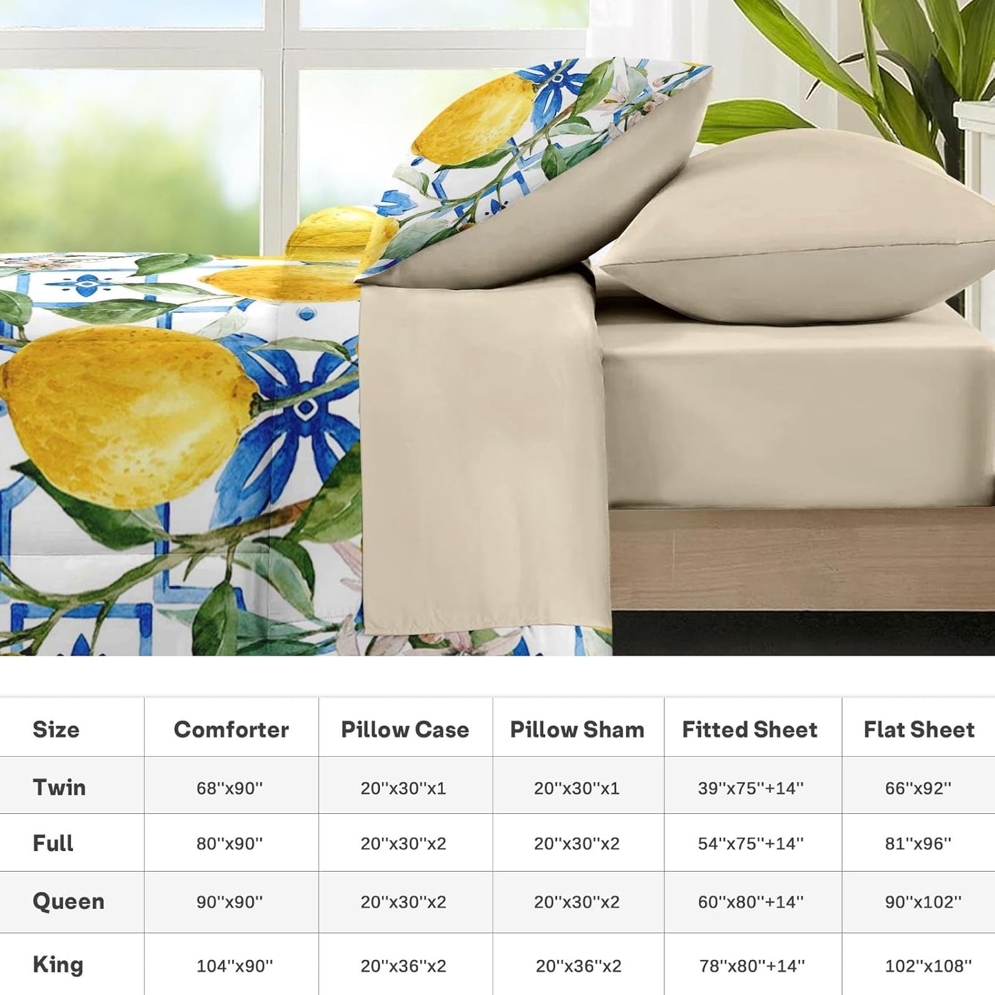 Nesker 5 Pcs Comforter Set Twin Size, Lemons Blue Italian Bedding Set for Kids and Adults, Natural Flower Summer Bed Sheet Sets with Fitted Sheet Pillowcases & Shams
