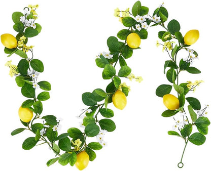Artificial Lemon Garland, 5.3 Ft Summer Fake Fruit Garlands Lemon Green Leaves Flower Faux Lemon Greenery Vines Garland for Door Wall Stairs Mantle Home Party Wedding Decor
