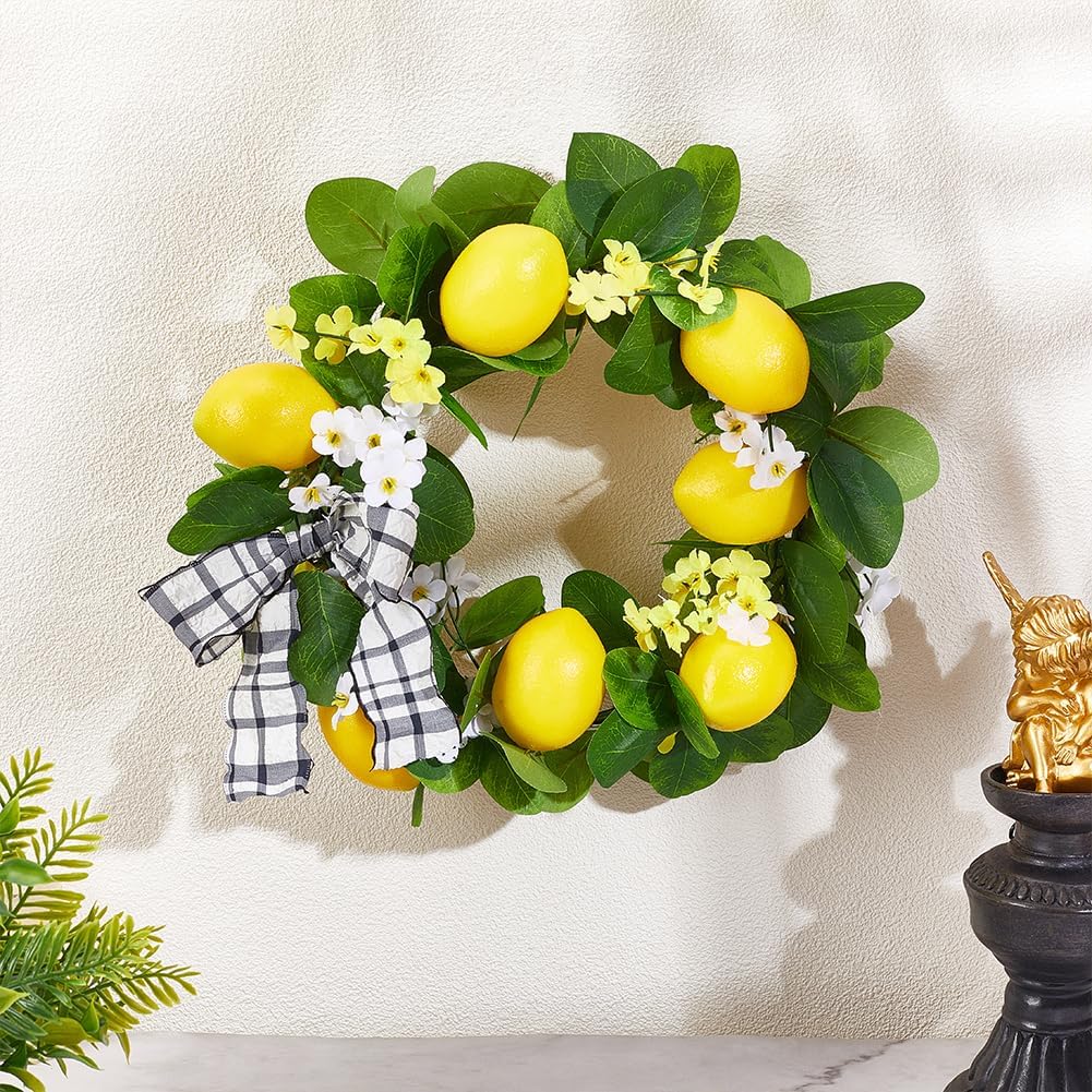 Artificial Lemon Garland, 5.3 Ft Summer Fake Fruit Garlands Lemon Green Leaves Flower Faux Lemon Greenery Vines Garland for Door Wall Stairs Mantle Home Party Wedding Decor