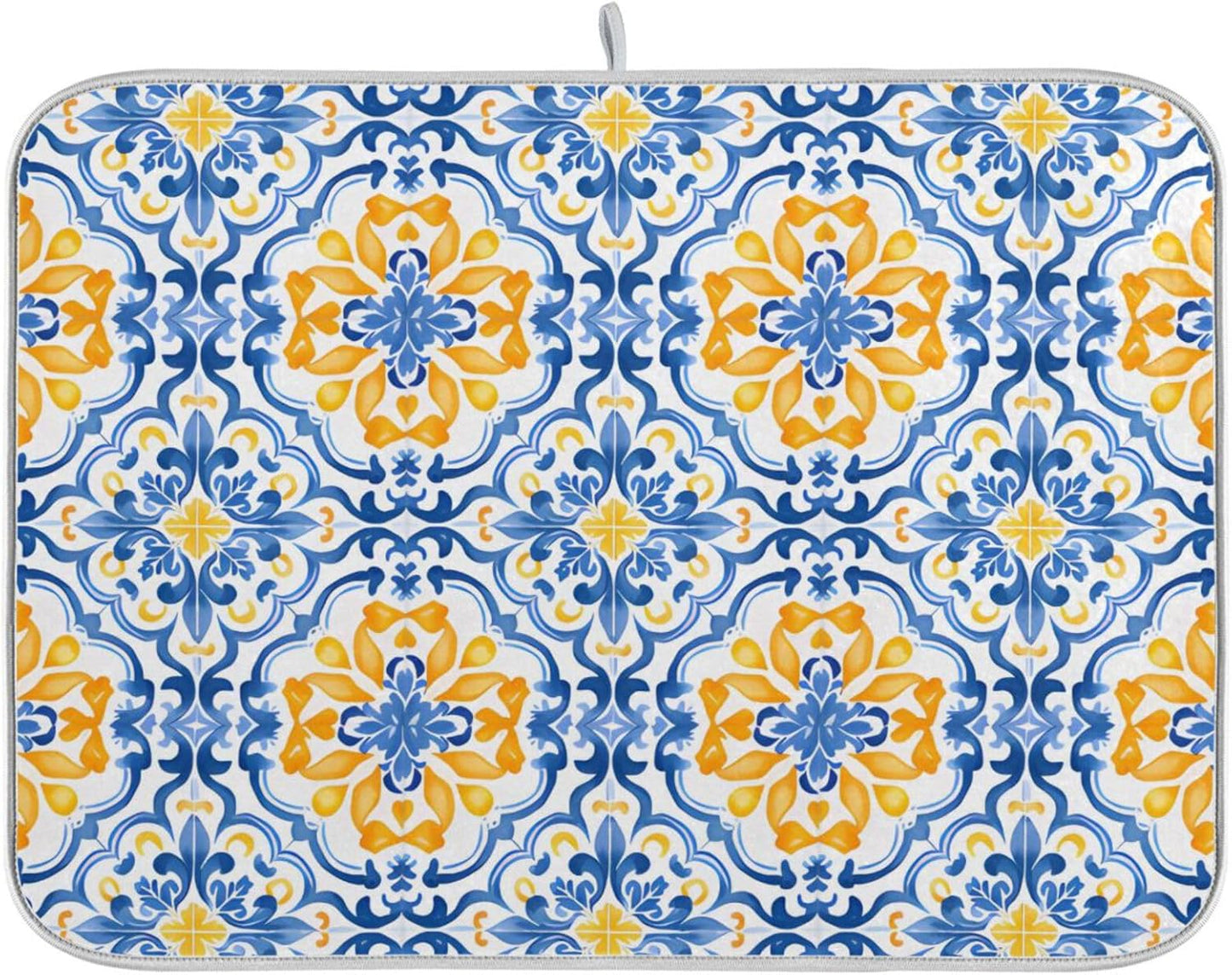 Boho Dish Drying Mat for Kitchen Counter, Blue Yellow Moroccan Print Drying Pad Absorbent Dishes Drainer Mats Trivet 16 x 18 Inch