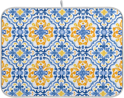 Boho Dish Drying Mat for Kitchen Counter, Blue Yellow Moroccan Print Drying Pad Absorbent Dishes Drainer Mats Trivet 16 x 18 Inch