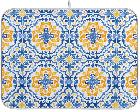 Boho Dish Drying Mat for Kitchen Counter, Blue Yellow Moroccan Print Drying Pad Absorbent Dishes Drainer Mats Trivet 16 x 18 Inch