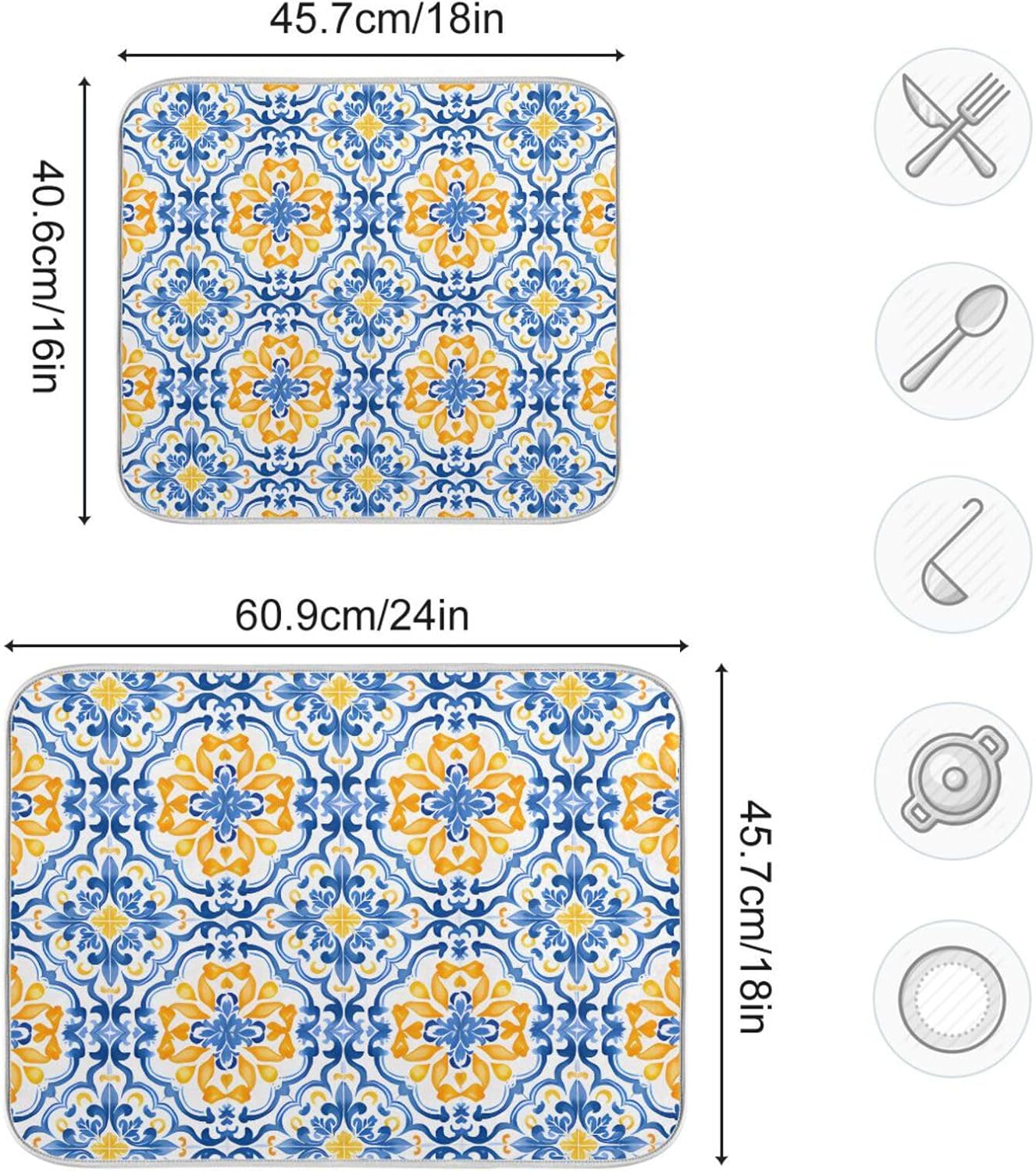 Boho Dish Drying Mat for Kitchen Counter, Blue Yellow Moroccan Print Drying Pad Absorbent Dishes Drainer Mats Trivet 16 x 18 Inch