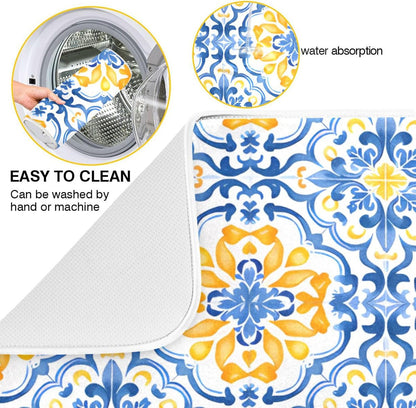 Boho Dish Drying Mat for Kitchen Counter, Blue Yellow Moroccan Print Drying Pad Absorbent Dishes Drainer Mats Trivet 16 x 18 Inch