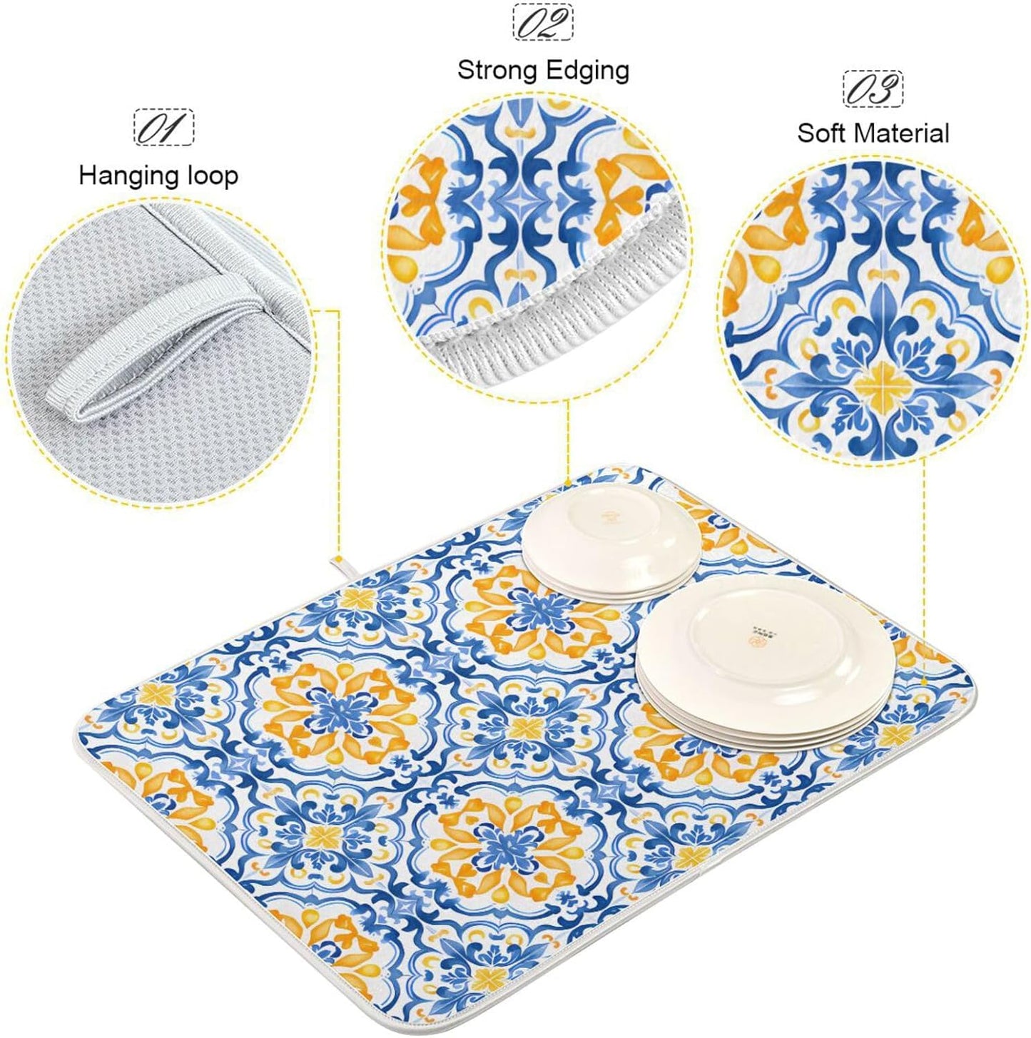 Boho Dish Drying Mat for Kitchen Counter, Blue Yellow Moroccan Print Drying Pad Absorbent Dishes Drainer Mats Trivet 16 x 18 Inch