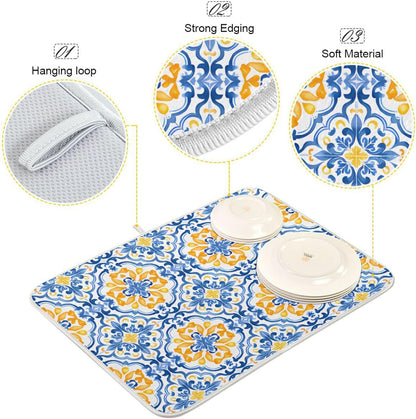 Boho Dish Drying Mat for Kitchen Counter, Blue Yellow Moroccan Print Drying Pad Absorbent Dishes Drainer Mats Trivet 16 x 18 Inch