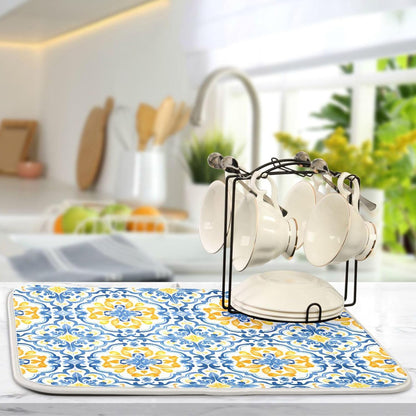 Boho Dish Drying Mat for Kitchen Counter, Blue Yellow Moroccan Print Drying Pad Absorbent Dishes Drainer Mats Trivet 16 x 18 Inch
