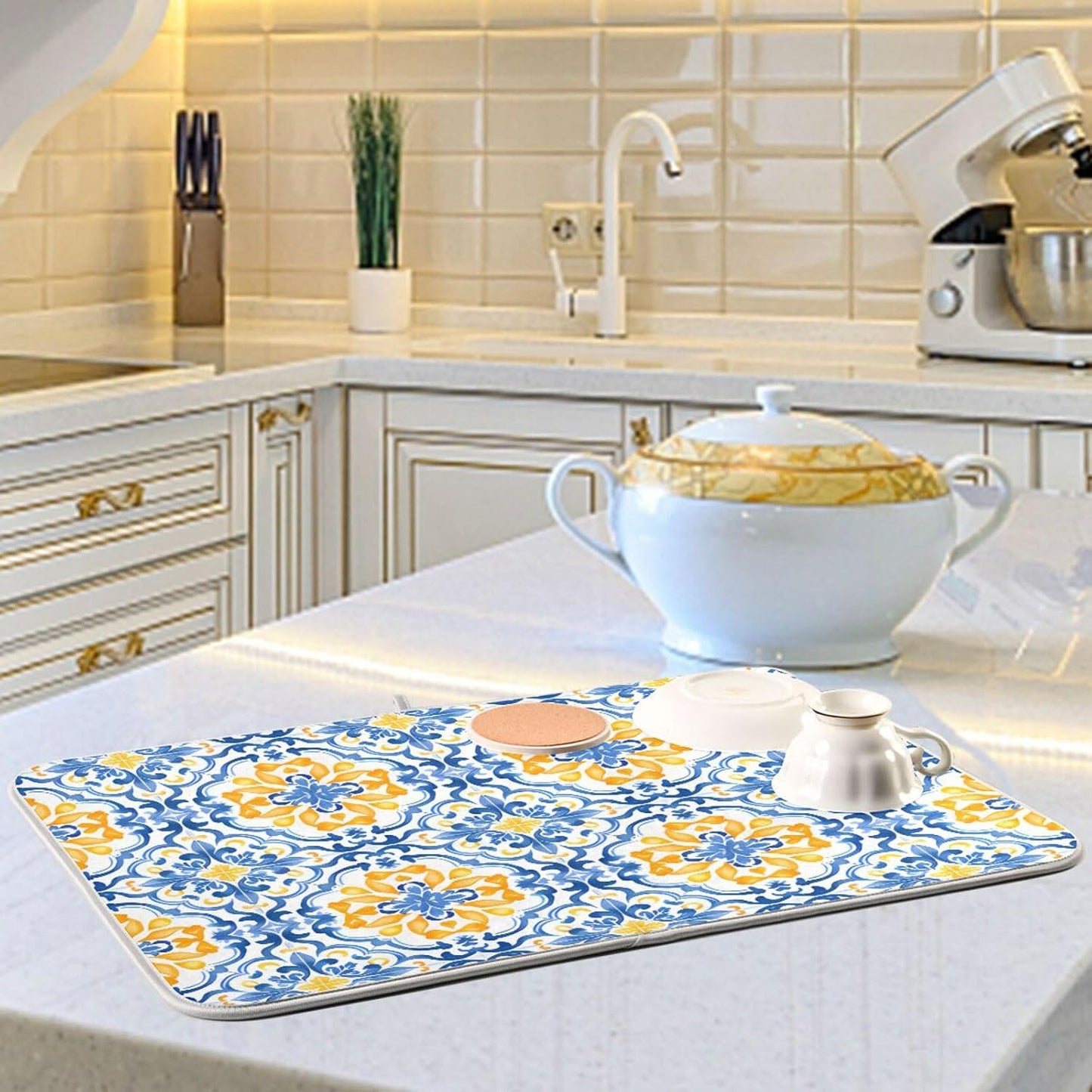 Boho Dish Drying Mat for Kitchen Counter, Blue Yellow Moroccan Print Drying Pad Absorbent Dishes Drainer Mats Trivet 16 x 18 Inch