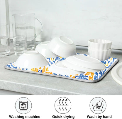 Boho Dish Drying Mat for Kitchen Counter, Blue Yellow Moroccan Print Drying Pad Absorbent Dishes Drainer Mats Trivet 16 x 18 Inch