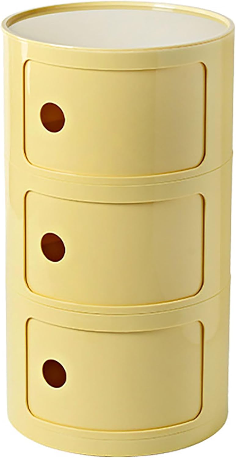 3 Tier Round Nightstand with Drawer, Light Yellow Round Side Table Small Plastic Storage End Table for Bedroom, Living Room, Bathroom