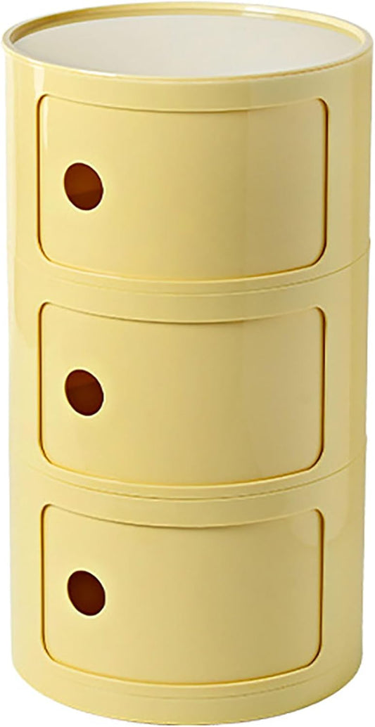 3 Tier Round Nightstand with Drawer, Light Yellow Round Side Table Small Plastic Storage End Table for Bedroom, Living Room, Bathroom
