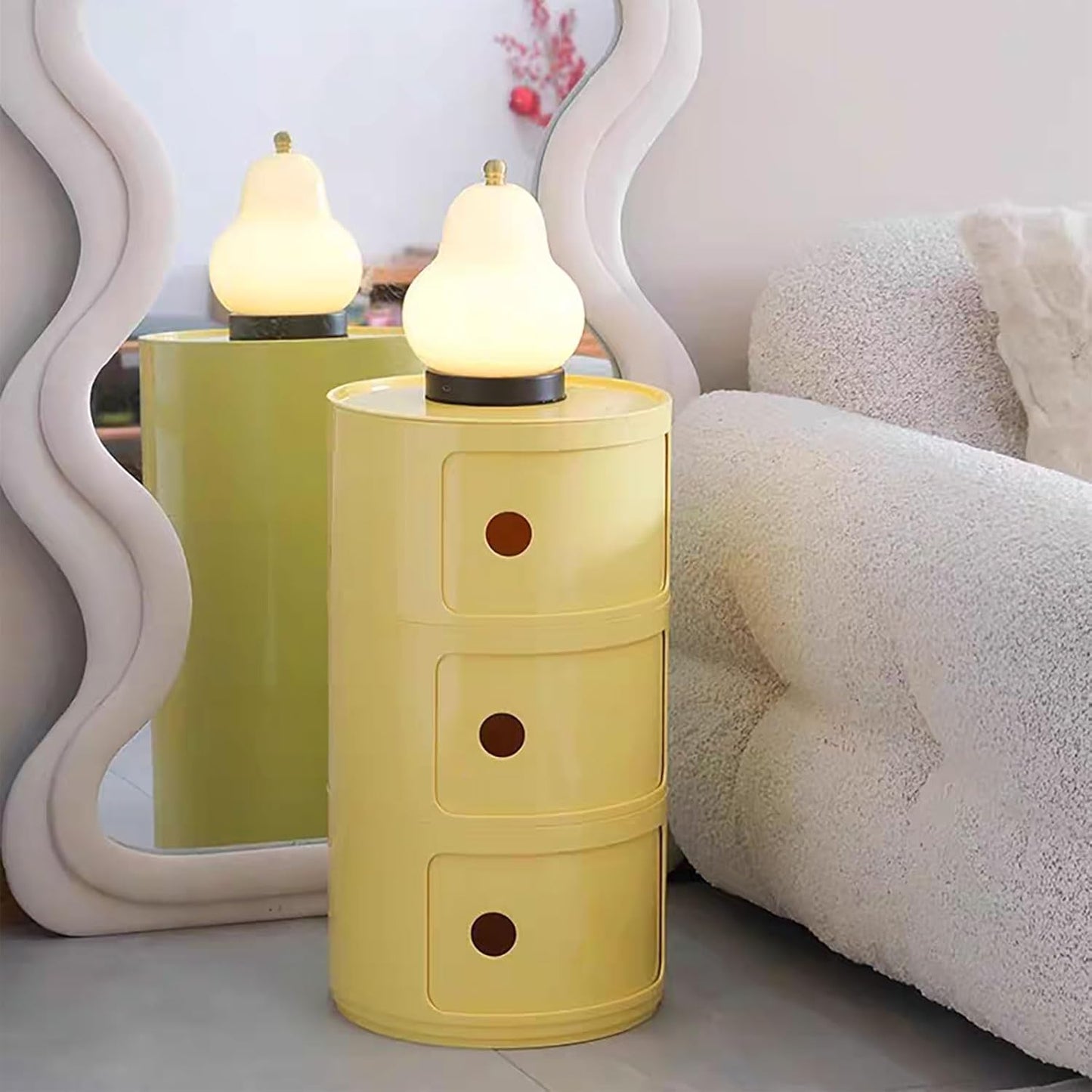 3 Tier Round Nightstand with Drawer, Light Yellow Round Side Table Small Plastic Storage End Table for Bedroom, Living Room, Bathroom