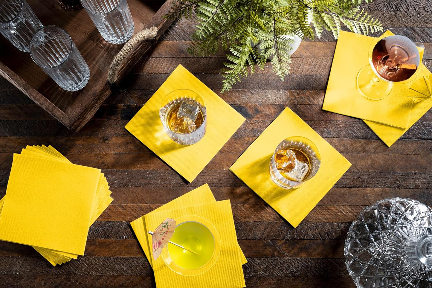 Disposable Yellow Cocktail Napkins Paper - 4" x 4" High-End Linen-Like Beverage Party Square Paper Napkin Pack for Bar, Cafe, Restaurant, Christmas, Birthday, Wedding, Baby Shower - 100 Count