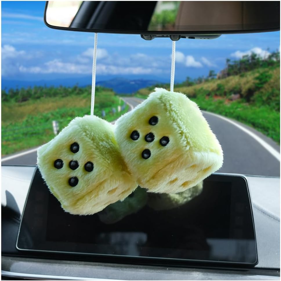 Pair of 3 Inch Fuzzy Dice for Car Mirror, Retro Plush, Lemon Yellow | Fits most sedans, SUVs, trucks, soft foam fill, lightweight profile, tool-free hanging setup, automotive interior accessories