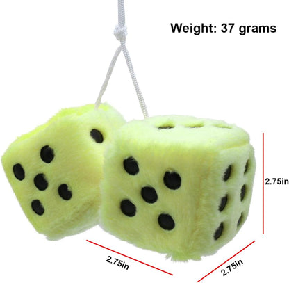 Pair of 3 Inch Fuzzy Dice for Car Mirror, Retro Plush, Lemon Yellow | Fits most sedans, SUVs, trucks, soft foam fill, lightweight profile, tool-free hanging setup, automotive interior accessories