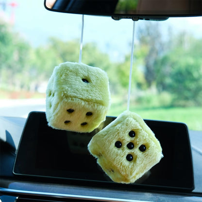 Pair of 3 Inch Fuzzy Dice for Car Mirror, Retro Plush, Lemon Yellow | Fits most sedans, SUVs, trucks, soft foam fill, lightweight profile, tool-free hanging setup, automotive interior accessories