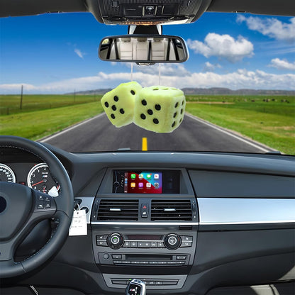 Pair of 3 Inch Fuzzy Dice for Car Mirror, Retro Plush, Lemon Yellow | Fits most sedans, SUVs, trucks, soft foam fill, lightweight profile, tool-free hanging setup, automotive interior accessories
