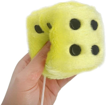 Pair of 3 Inch Fuzzy Dice for Car Mirror, Retro Plush, Lemon Yellow | Fits most sedans, SUVs, trucks, soft foam fill, lightweight profile, tool-free hanging setup, automotive interior accessories