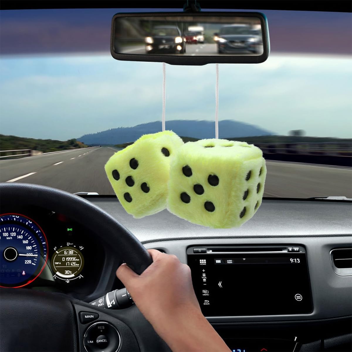 Pair of 3 Inch Fuzzy Dice for Car Mirror, Retro Plush, Lemon Yellow | Fits most sedans, SUVs, trucks, soft foam fill, lightweight profile, tool-free hanging setup, automotive interior accessories
