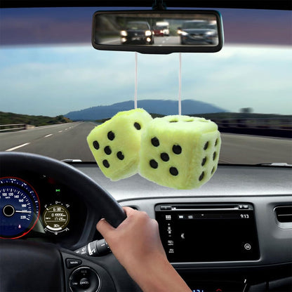 Pair of 3 Inch Fuzzy Dice for Car Mirror, Retro Plush, Lemon Yellow | Fits most sedans, SUVs, trucks, soft foam fill, lightweight profile, tool-free hanging setup, automotive interior accessories