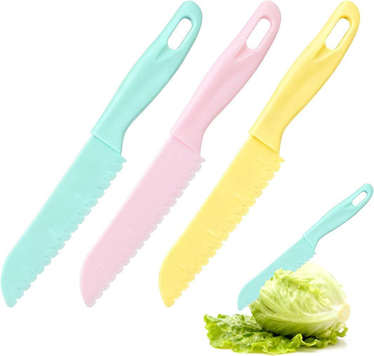 3 Pack Lettuce Knife, 8-Inch Nylon Knives,Plastic Lettuce Knife to Prevent Browning,Dishwasher Safe Kitchen Utensils, Perfect for Vegetables, Fruits, Bread, Cake, and Salad(Blue,Pink,Yellow small)