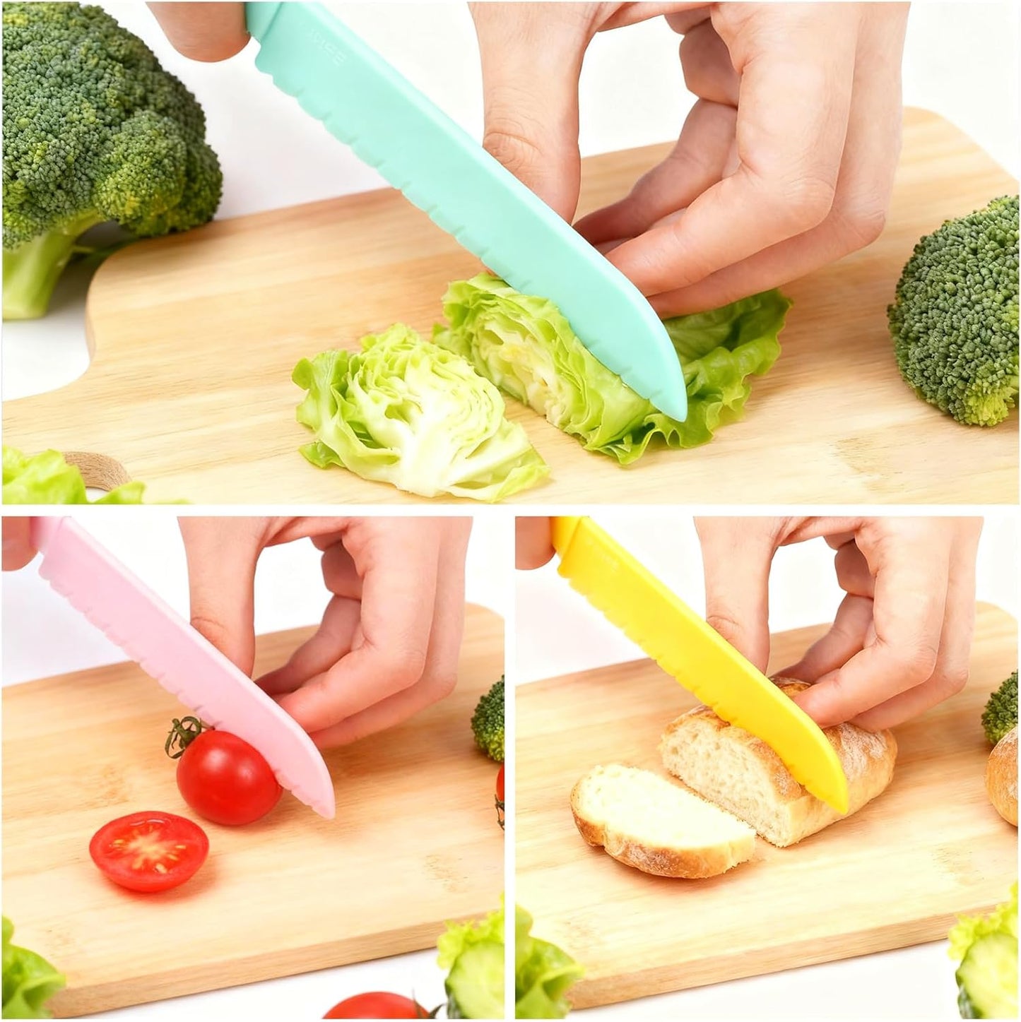 3 Pack Lettuce Knife, 8-Inch Nylon Knives,Plastic Lettuce Knife to Prevent Browning,Dishwasher Safe Kitchen Utensils, Perfect for Vegetables, Fruits, Bread, Cake, and Salad(Blue,Pink,Yellow small)