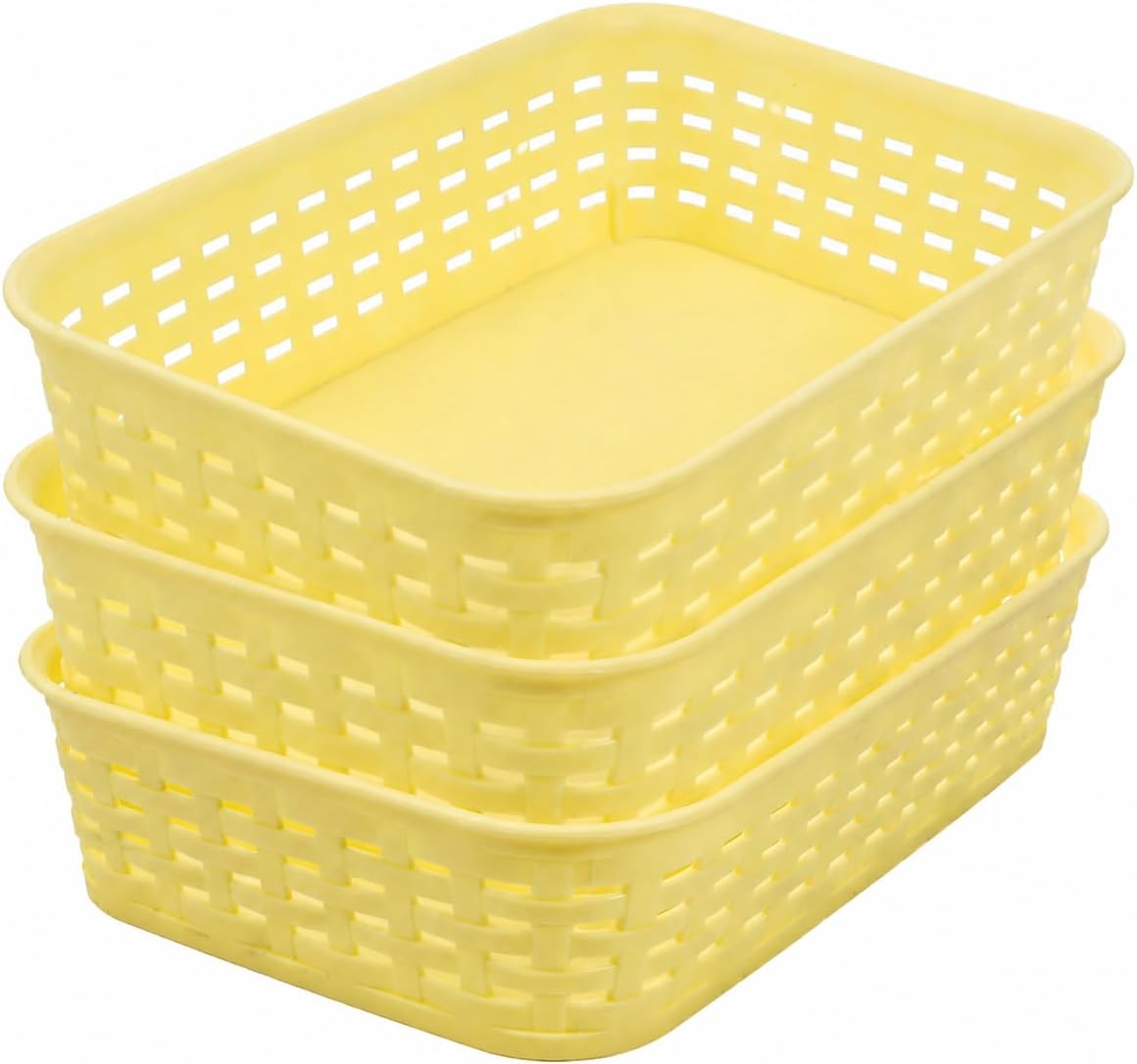 3 Pack Yellow Plastic Storage Baskets, Small Plastic Basket, Plastic Bins Organizer Bins, Organizer Bins for Room, Bathrooms, Room,Pantries,Countertops